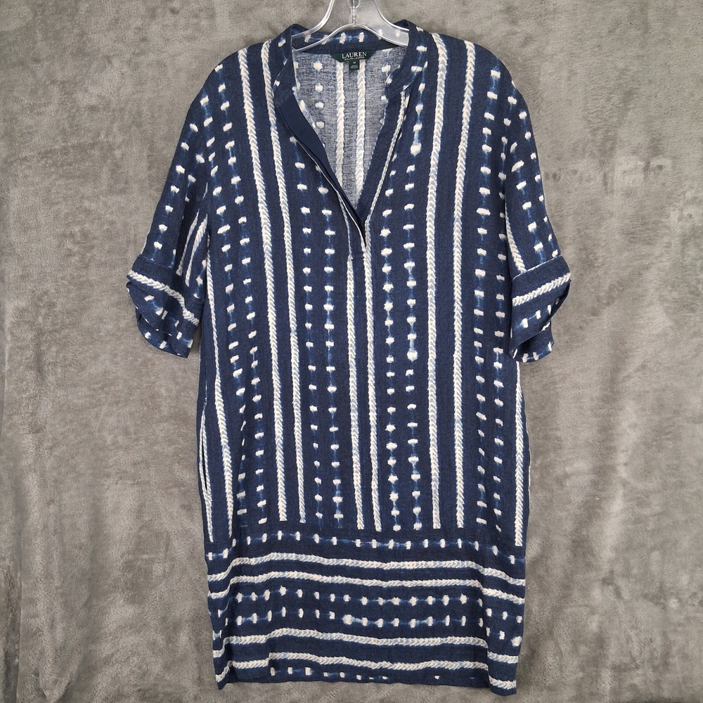 Lauren Ralph Lauren Blue White Ikat Stripe Linen Blend Tunic Dress Womens 10
